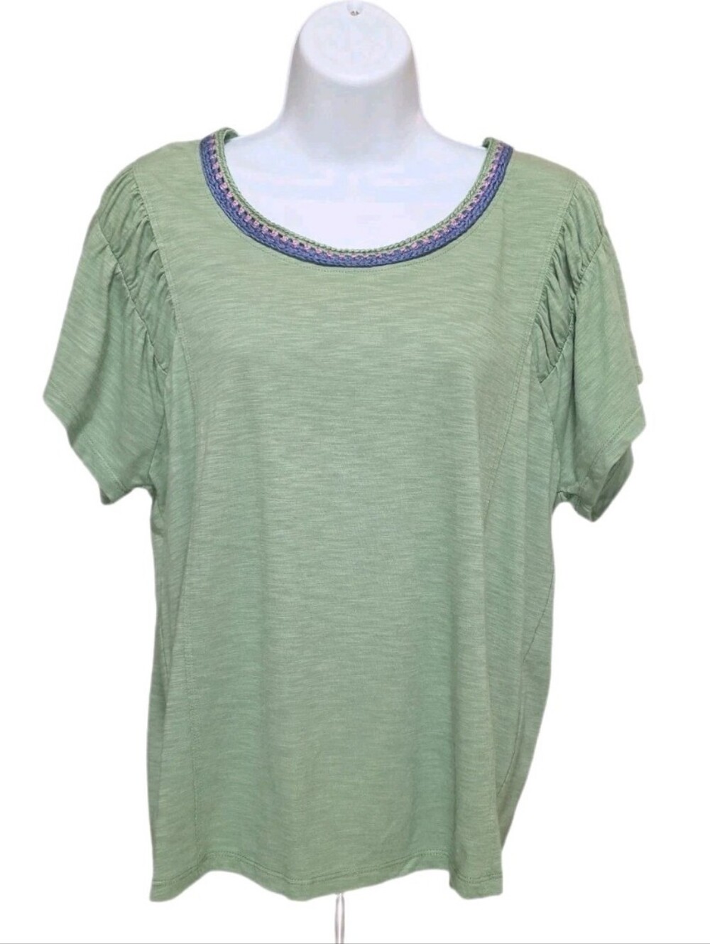 Democracy Crochet Trim Scoop Neck Ruched Flutter Sleeves Knit Top Green Tea S